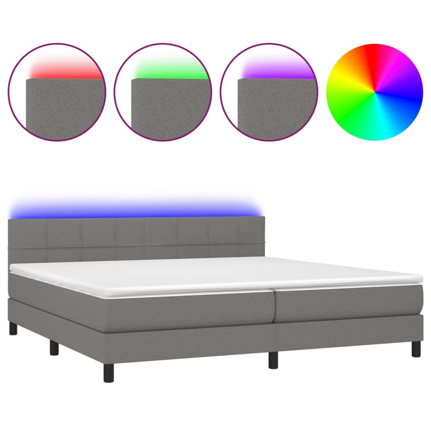 The Living Store Boxspring met matras en LED stof donkergrijs 200x200 cm - Bed