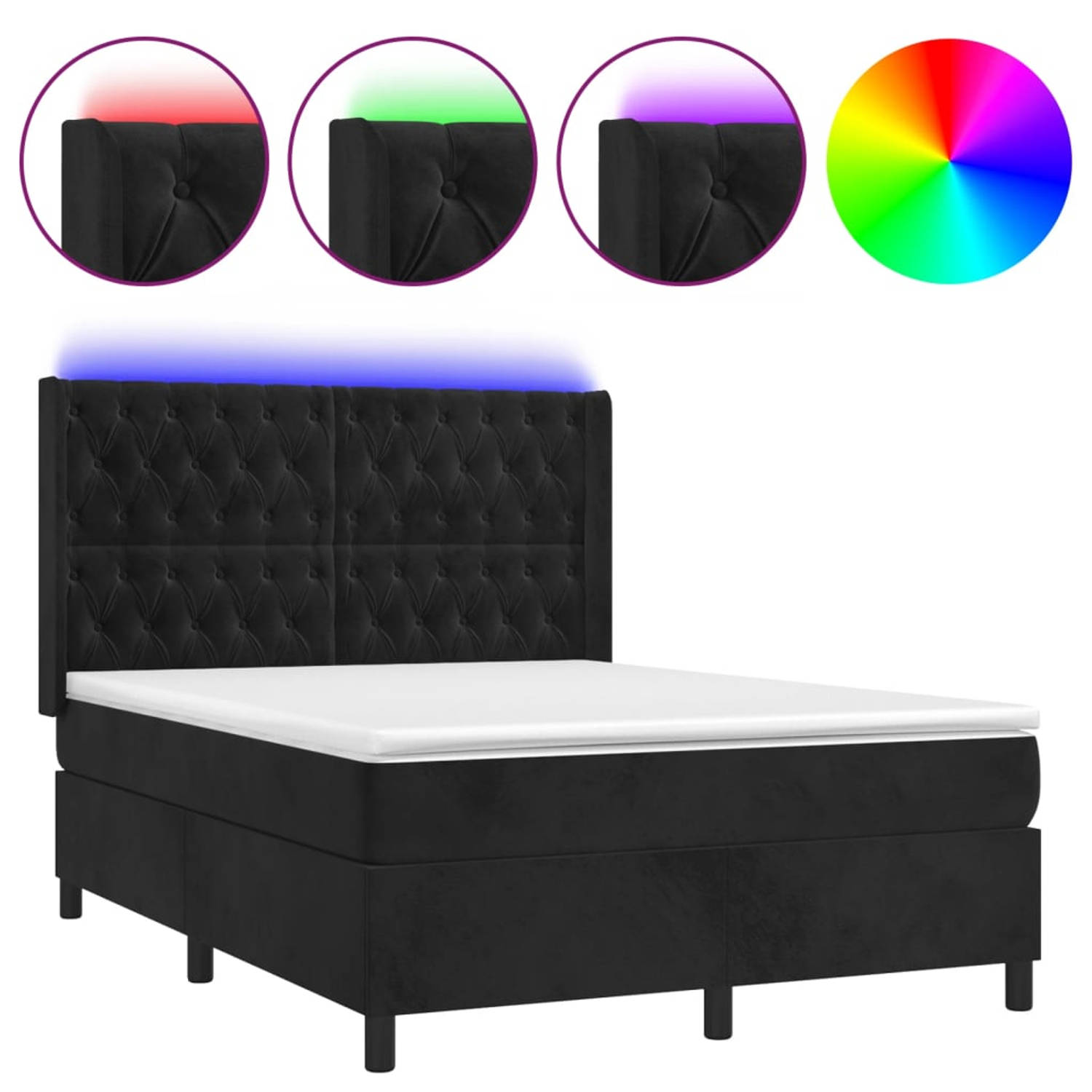 The Living Store Boxspring - Luxe fluwelen bed - 140x200 - LED-verlichting - Pocketvering matras - Huidvriendelijk topmatras