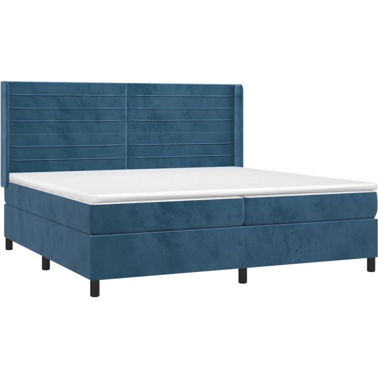 The Living Store Boxspring - Donkerblauw fluweel - 203 x 203 x 118/128 cm - Verstelbaar hoofdbord - LED-verlichting - Pocketvering matras - Huidvriendelijk topmatras - Montagehandl