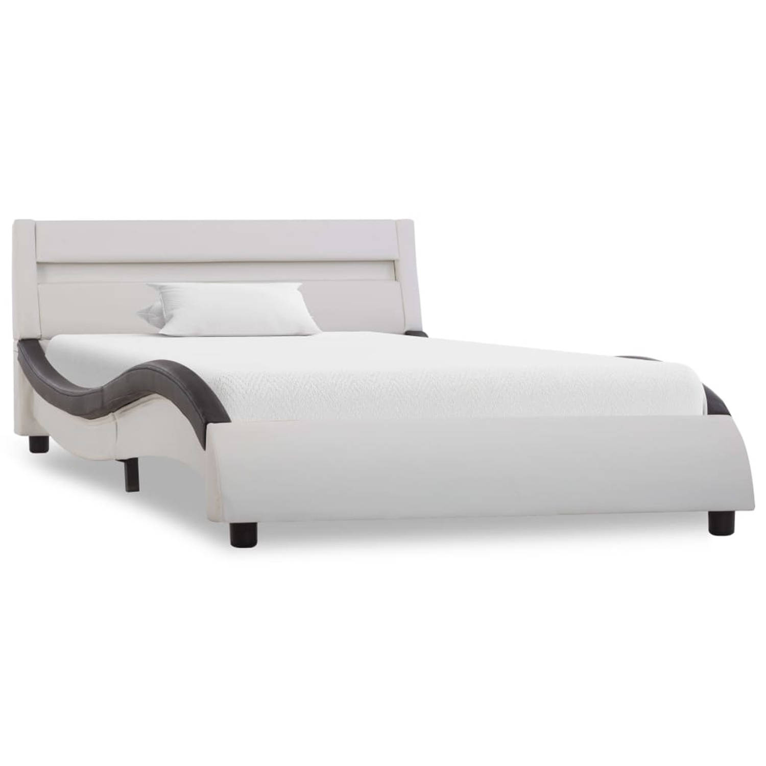 The Living Store Kunstleren Bedframe - wit met zwarte lijnen - 225 x 110 x 57 cm - geschikt voor matras van 100 x 200 cm - LED-strip