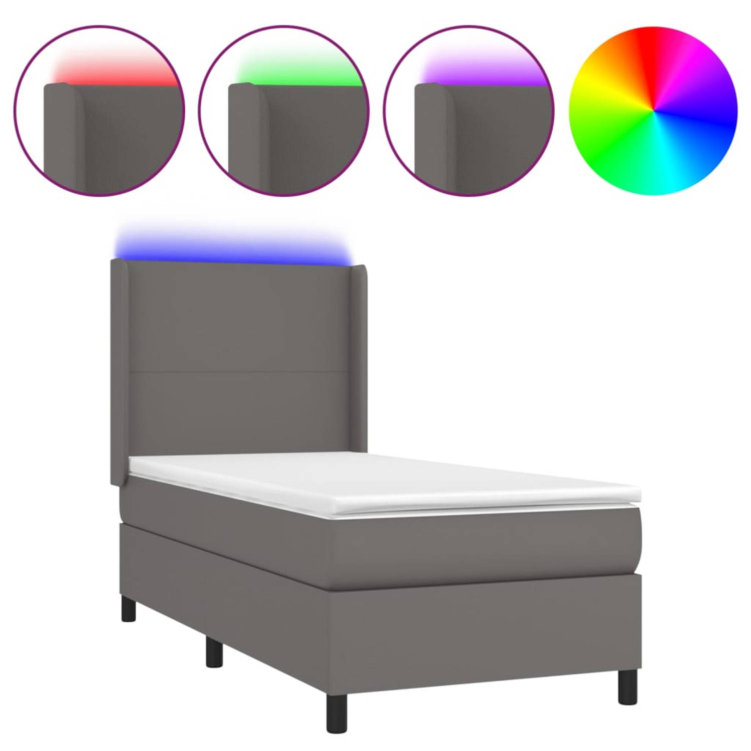 The Living Store Boxspring Bed - Grijs - 203 x 103 x 118/128 cm - Kunstleer - Verstelbaar hoofdbord - Kleurrijke LED-verlichting - Pocketvering matras - Huidvriendelijk topmatras -