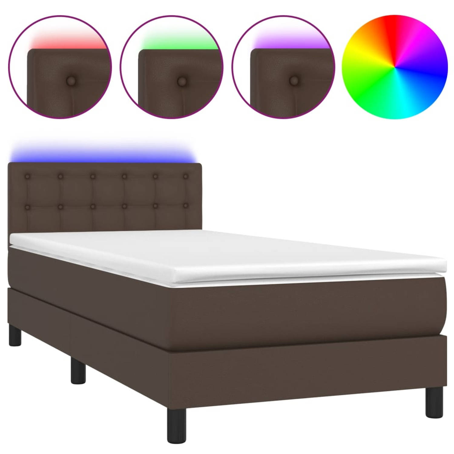 The Living Store Bed Frame - Bruin - Boxspring - 203 x 100 x 78/88 cm - Kunstleer - Verstelbaar Hoofdbord - Kleurrijke LED-Verlichting - Inclusief Matras en Topmatras - Duurzaam Ma