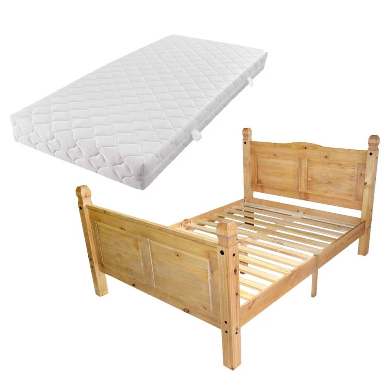 The Living Store Bed met matras Mexicaans grenenhout Corona-stijl 160x200 cm - Bed - Bedden - Bedframe - Bedframes - Tweepersoonsbed - Tweepersoonsbedden - Bed - Bedden - Bedombouw