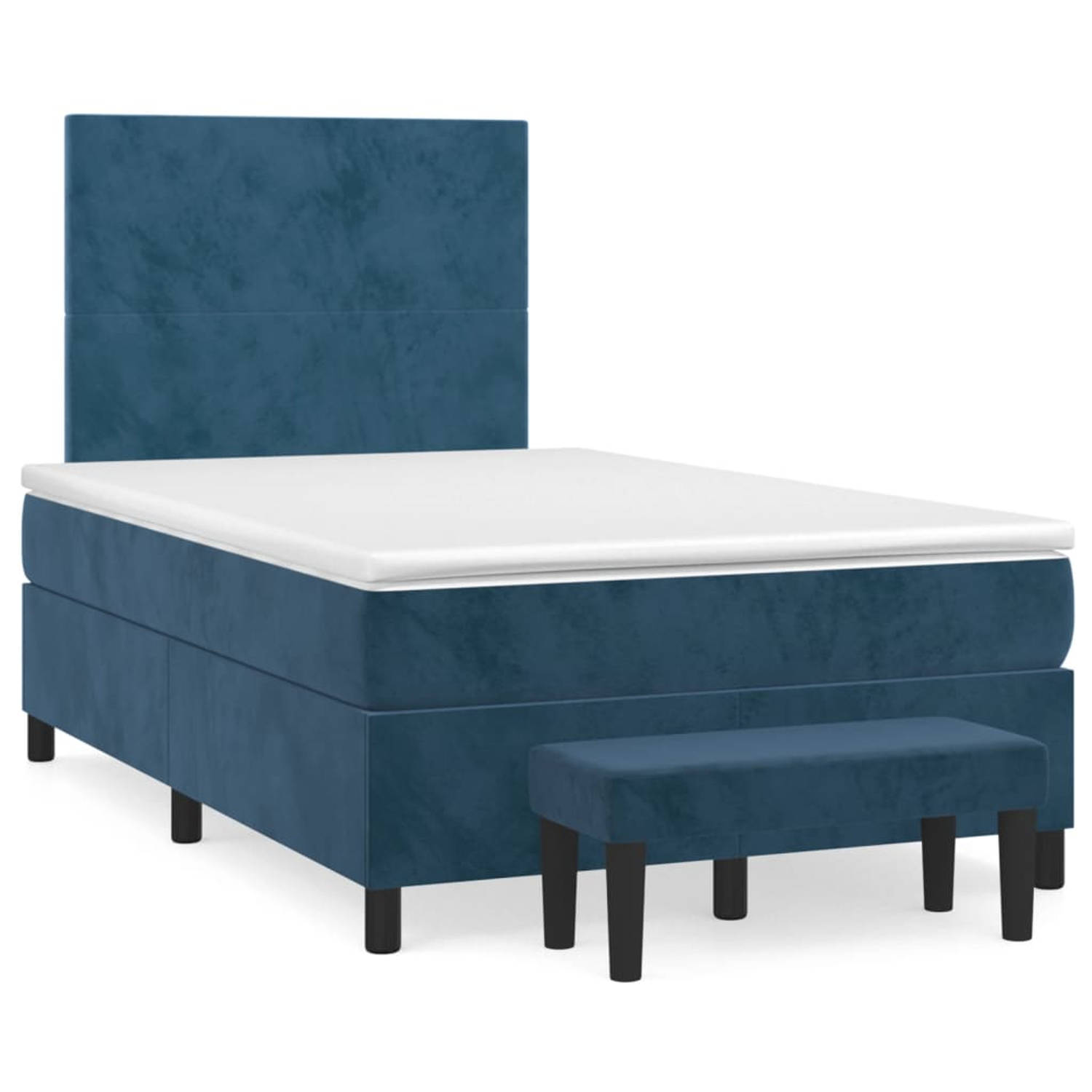 The Living Store Boxspringbed - Fluweel - Pocketvering - Middelharde ondersteuning - Huidvriendelijk topmatras - Multifunctioneel bankje - Donkerblauw - 203x120x118/128 cm