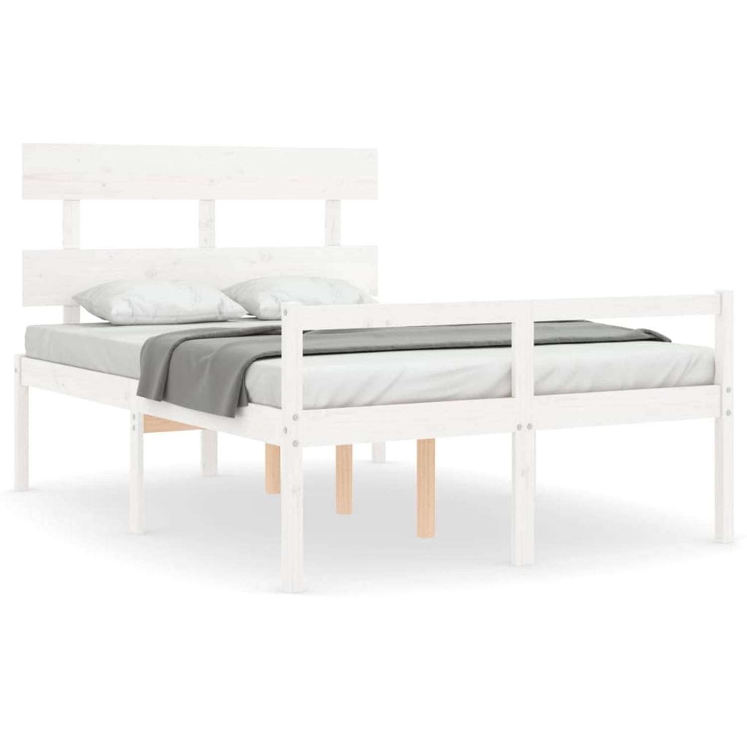 The Living Store Bedframe met hoofdbord massief hout wit 4FT6 Double - Bedframe - Bedframes - Bed - Tweepersoonsbed - Slaapkamermeubel - Houten Bedframe - Houten Bed - Bedbodem - M