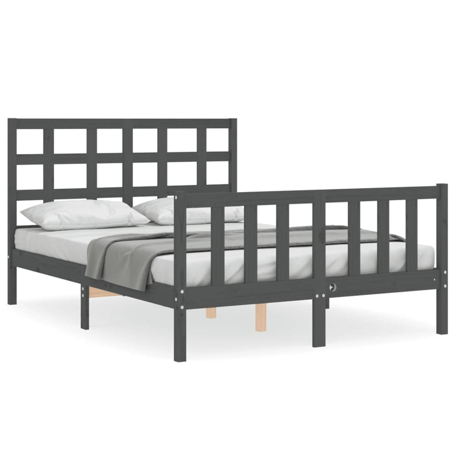 The Living Store Bedframe met hoofdbord massief hout grijs 120x200 cm - Bedframe - Bedframes - Bed - Tweepersoonsbed - Slaapkamermeubel - Houten Bedframe - Houten Bed - Bedbodem -