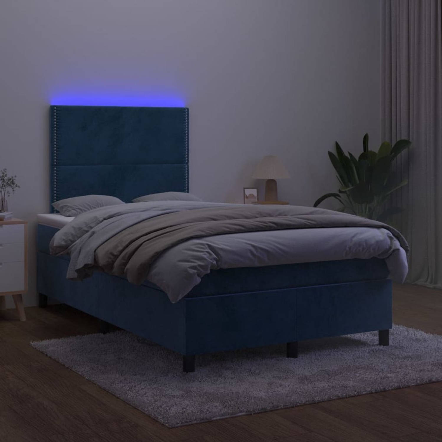 The Living Store Boxspring Donkerblauw Fluweel 203x120x118/128 cm - Verstelbaar hoofdbord - LED-verlichting en pocketvering matras