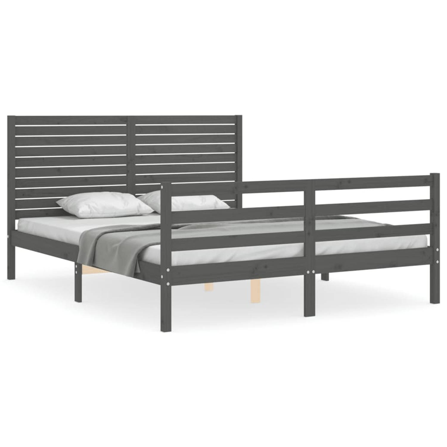 The Living Store Bedframe met hoofdbord massief hout grijs 120x200 cm - Bedframe - Bedframes - Bed - Tweepersoonsbed - Slaapkamermeubel - Houten Bedframe - Houten Bed - Bedbodem -