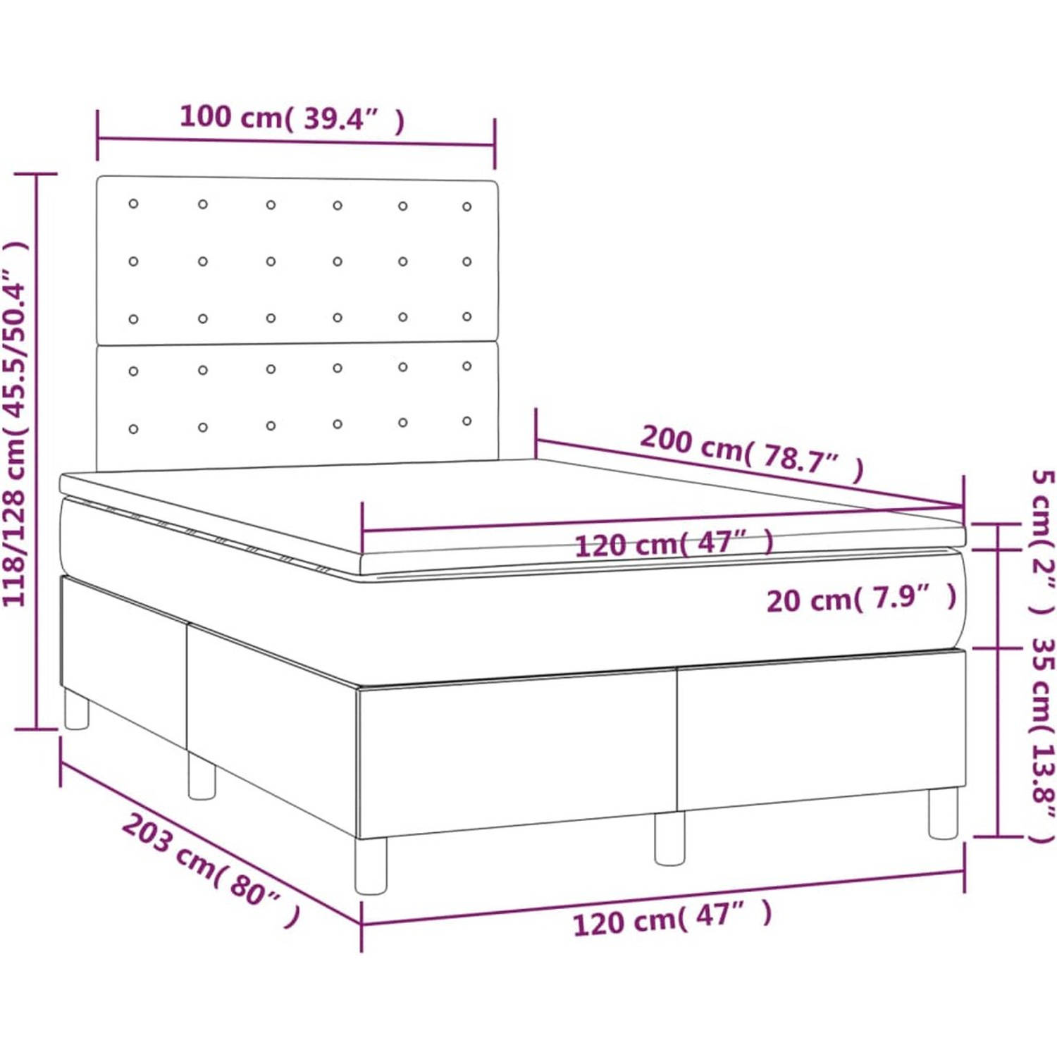 The Living Store Boxspring Bed - LED - 203x120x118/128 - Lichtgrijs - Pocketvering Matras - Huidvriendelijk