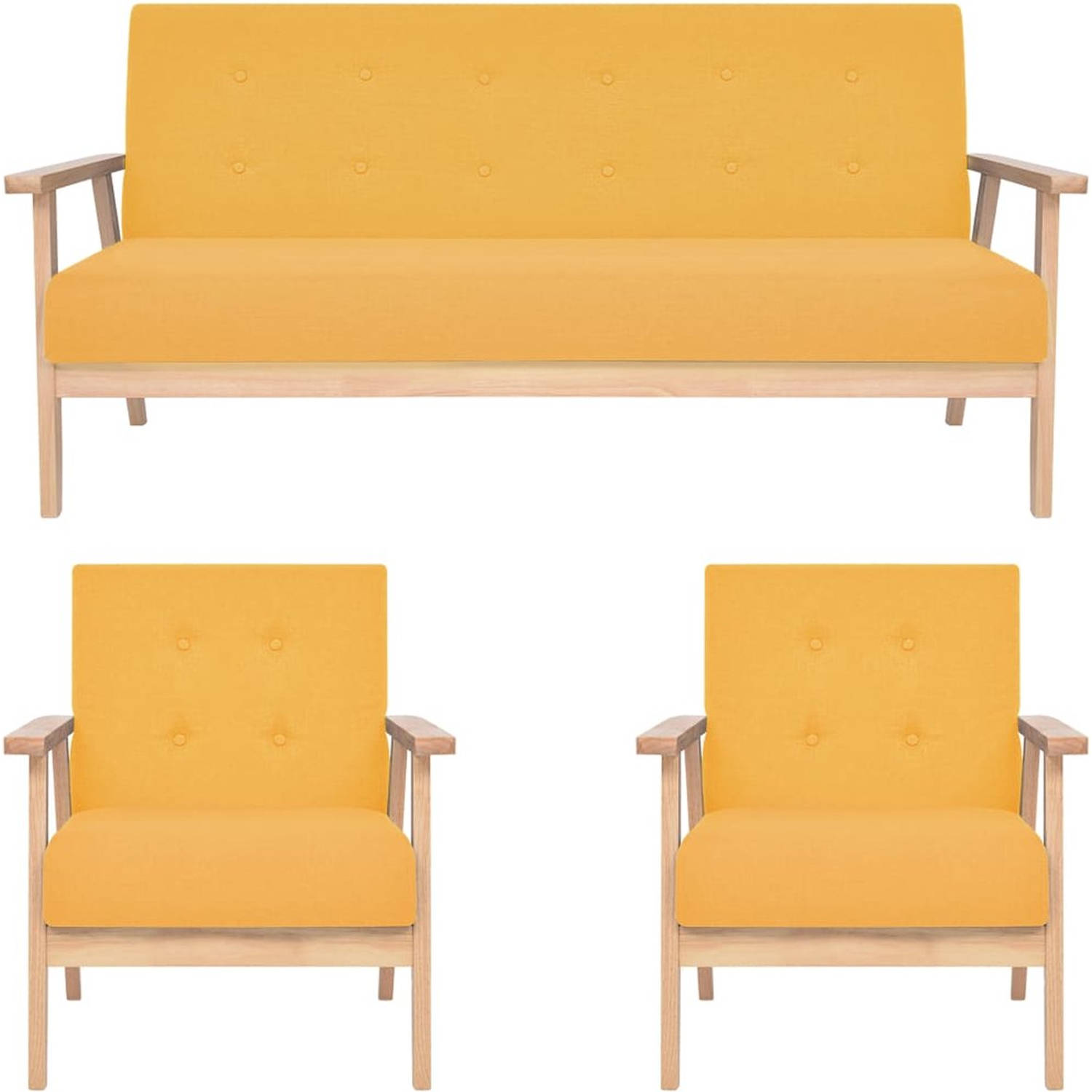 The Living Store Loungebank Geel - Polyester - Houten frame - Set van 2 fauteuils en 1 bank - Afmetingen fauteuil- 64.5 x 67 x 73.5 cm - Afmetingen bank- 158 x 67 x 73.5 cm - Zitho
