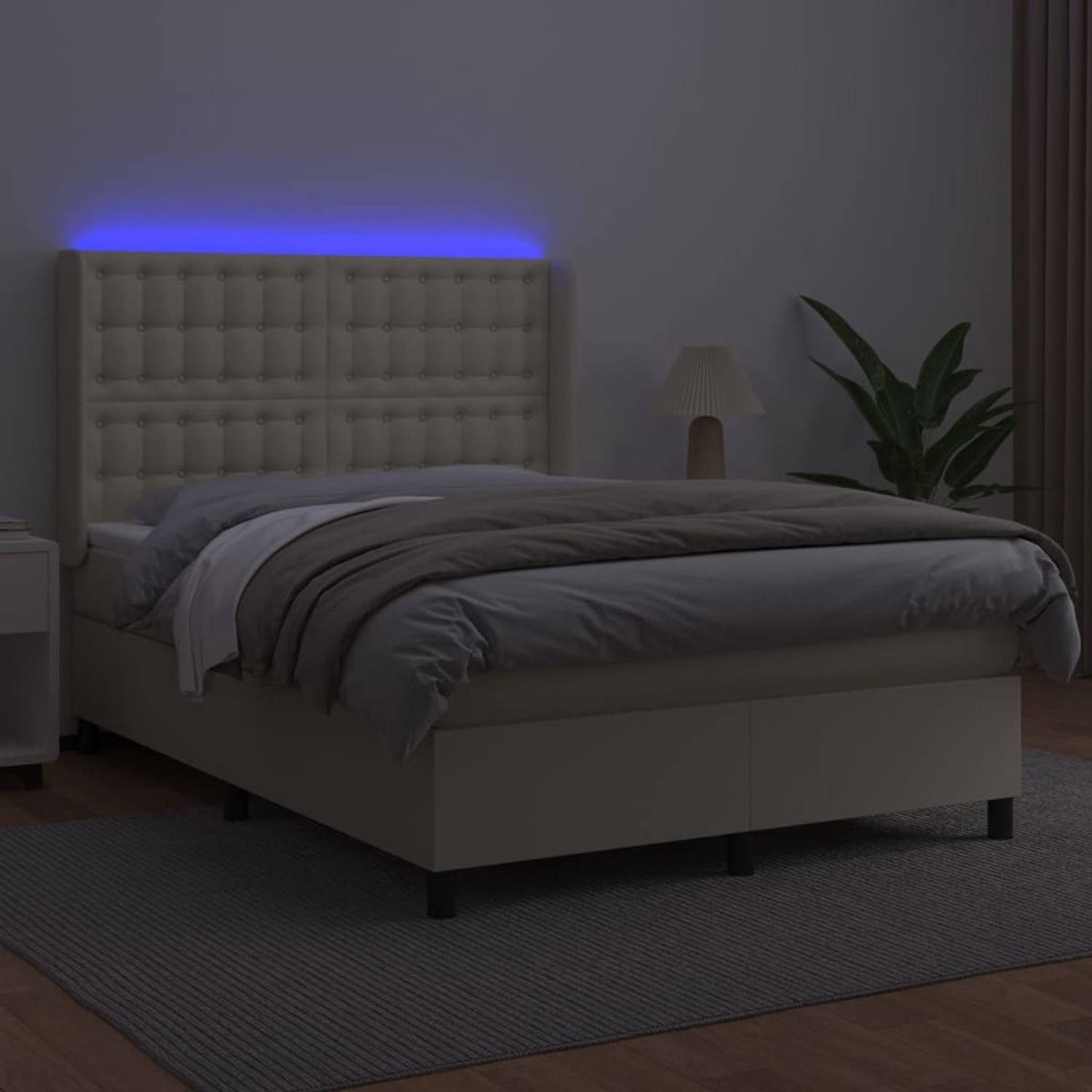 The Living Store Boxspring Bed - LED - Kunstleer - Pocketvering - Crème - 193 x 147 x 118/128 cm - 140 x 190 x 20 cm - 140 x 190 x 5 cm