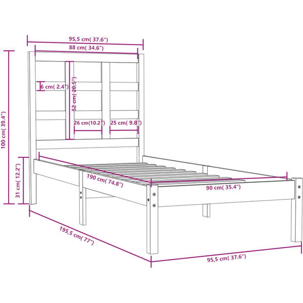 The Living Store Bedframe Solide Grenenhout - 195.5 x 95.5 x 31 cm - Met Multiplex Lattenbodem - Geschikt voor Matras