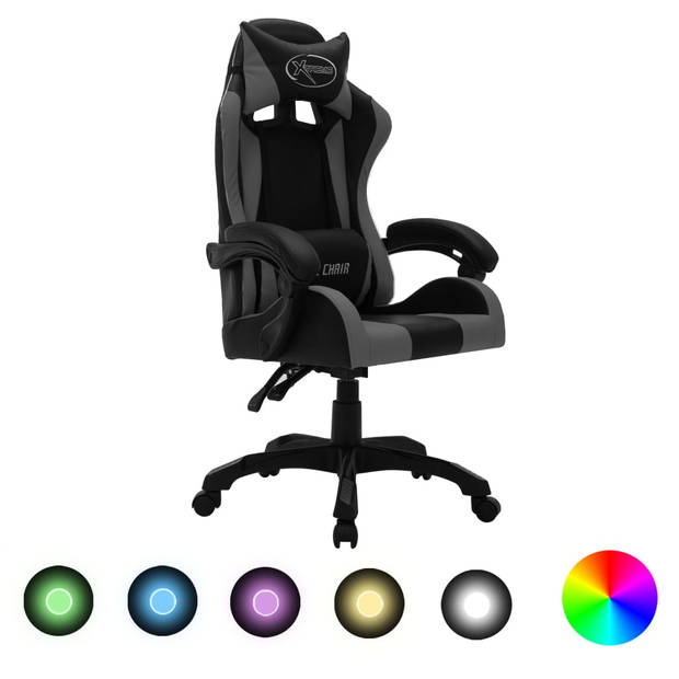 The Living Store Gamestoel - Luxe gaming stoel - Kunstleer - Verstelbaar - Met LED verlichting - Grijs/Zwart - 64 x 65