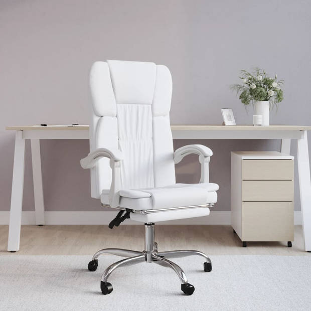 The Living Store Bureaustoel - Verstelbare rugleuning en voetensteun - Duurzaam kunstleer - Wit - 63x56x112.5-122 cm -