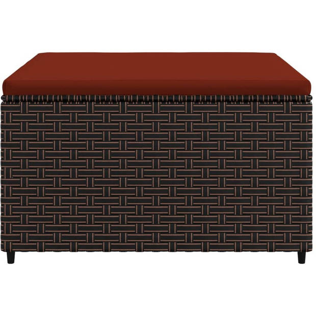 The Living Store Voetenbank Rattan - 55 x 55 x 31 cm - Bruin + Rood kussen