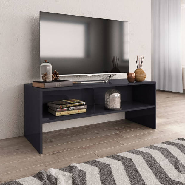 The Living Store TV-meubel Vintage - TV meubel hoogglans grijs - 100x40x40 cm - Bewerkt hout - Open vak - Inclusief