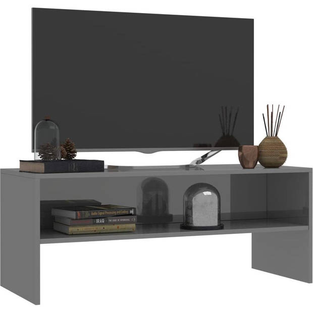 The Living Store TV-meubel Vintage - TV meubel hoogglans grijs - 100x40x40 cm - Bewerkt hout - Open vak - Inclusief