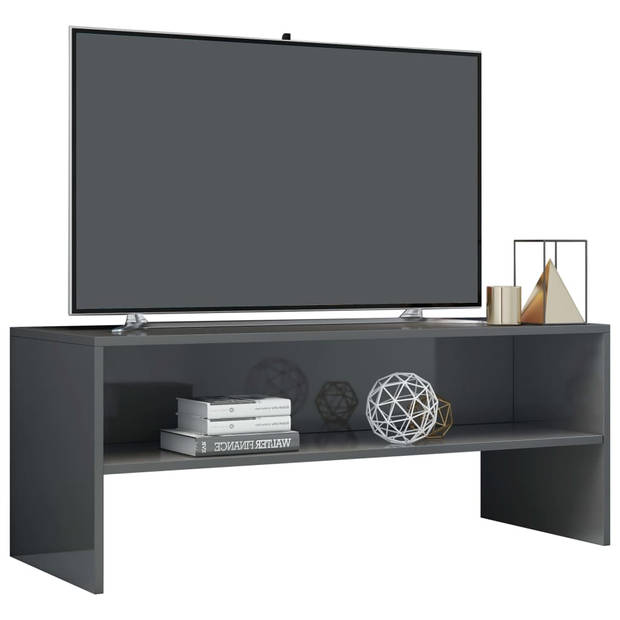 The Living Store TV-meubel Vintage - TV meubel hoogglans grijs - 100x40x40 cm - Bewerkt hout - Open vak - Inclusief