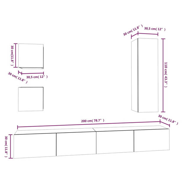 The Living Store Televisiekastenset - Hoogglans wit - 2x 30.5 x 30 x 30 cm + 1x 30.5 x 30 x 110 cm + 2x 100 x 30 x 30