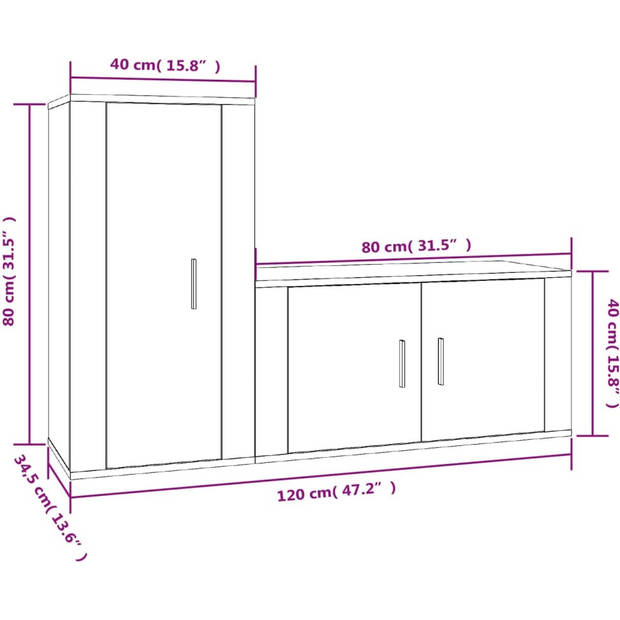 The Living Store Televisiekastenset - Hoogglans wit - 80 x 34.5 x 40 cm - 40 x 34.5 x 80 cm - Wandgemonteerde tv-meubel