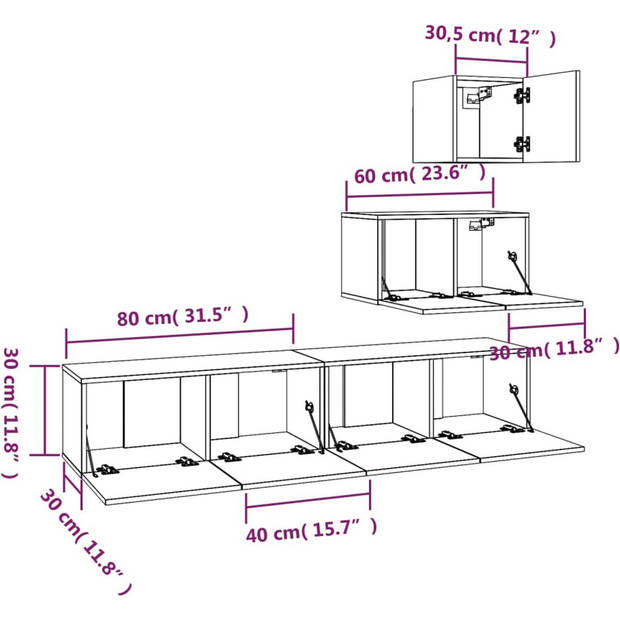 The Living Store TV-meubelset - Wit - 30.5 x 30 x 30 cm / 60 x 30 x 30 cm / 80 x 30 x 30 cm