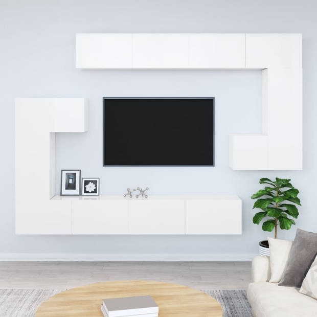 The Living Store Televisiewandmeubel - Hangende TV-kast - Set van 8 - Hoogglans wit - Bewerkt hout - 30.5 x 30/90/100