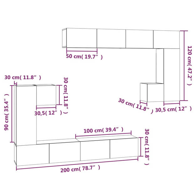 The Living Store Televisiewandmeubel - Hangende TV-kast - Set van 8 - Hoogglans wit - Bewerkt hout - 30.5 x 30/90/100