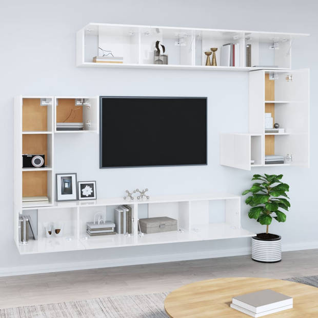 The Living Store Televisiewandmeubel - Hangende TV-kast - Set van 8 - Hoogglans wit - Bewerkt hout - 30.5 x 30/90/100