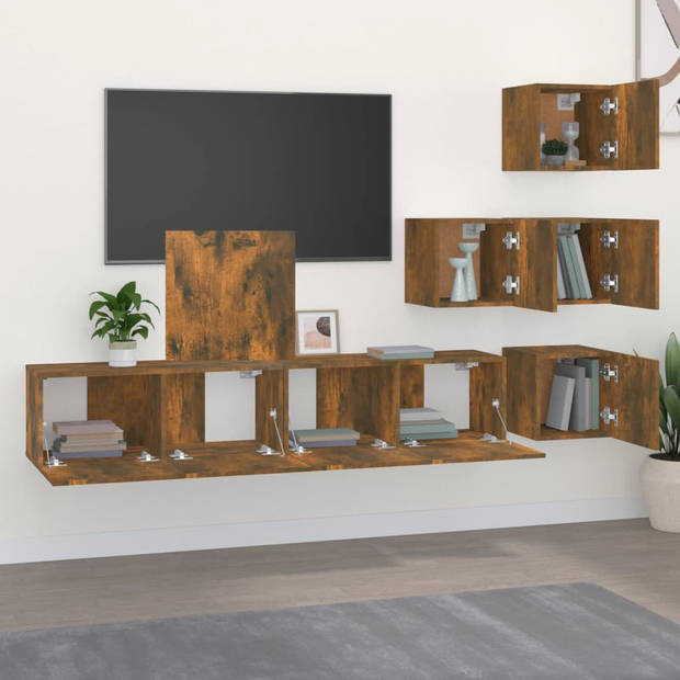 The Living Store TV-meubelset - Gerookt eiken - 30.5 x 30 x 30 cm (S) / 80 x 30 x 30 cm (L) - 4 x tv-meubel (S) / 2 x