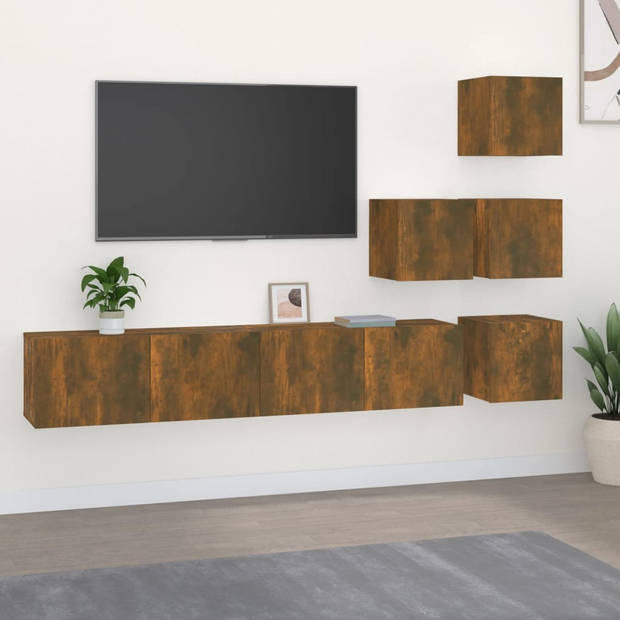 The Living Store TV-meubelset - Gerookt eiken - 30.5 x 30 x 30 cm (S) / 80 x 30 x 30 cm (L) - 4 x tv-meubel (S) / 2 x