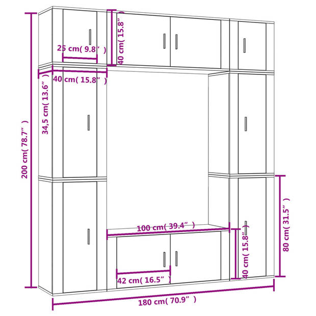 The Living Store TV Meubelset - Hoogglans wit - 2x 100x34.5x40 cm - 4x 40x34.5x80 cm - 2x 40x34.5x40 cm