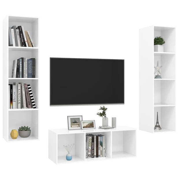 The Living Store Televisiewandmeubelset - Hoogglans wit - 1 tv-meubel- 37x37x107 cm - 2 tv-meubels- 37x37x142.5 cm -