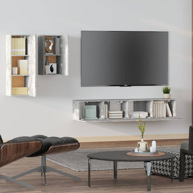 The Living Store Televisiemeubelset Betongrijs - Klassiek design - Wandgemonteerde functie - Hoge kwaliteit hout -