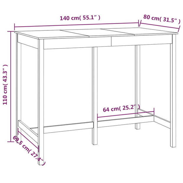 vidaXL Bartafel 140x80x110 cm massief grenenhout