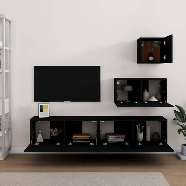 The Living Store TV-meubelset - Zwarte bewerkt hout - 30.5 x 30 x 30 cm / 60 x 30 x 30 cm / 80 x 30 x 30 cm (B x D x H)