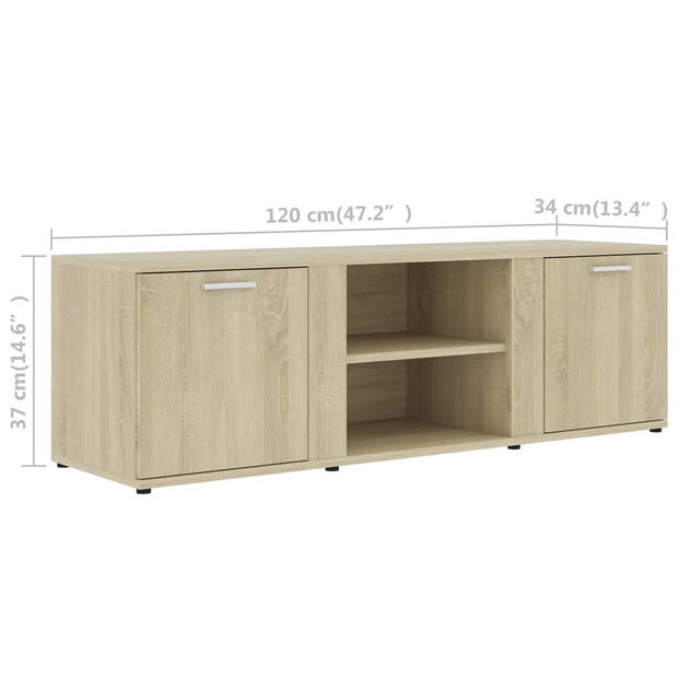 The Living Store TV-meubel Hout - 120x34x37 cm - Klassiek design - Sonoma Eiken - 2 deuren en 2 open vakken - Montage