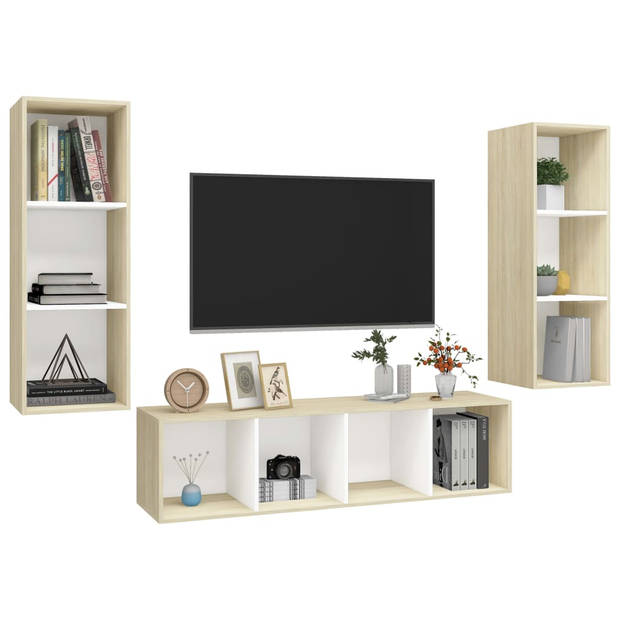 The Living Store Televisiewandmeubel - naam - Tv-meubelset - 37x37x107 cm - 37x37x142.5 cm - Kleur- wit - sonoma eiken