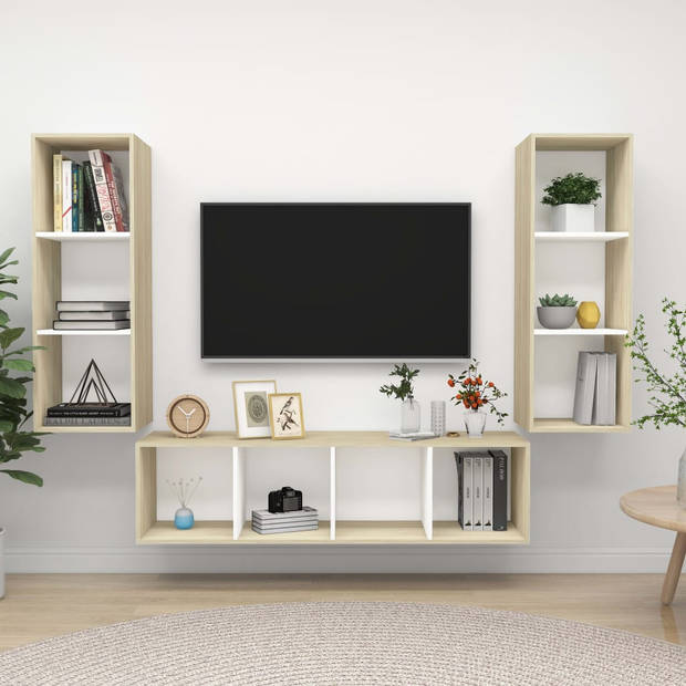 The Living Store Televisiewandmeubel - naam - Tv-meubelset - 37x37x107 cm - 37x37x142.5 cm - Kleur- wit - sonoma eiken