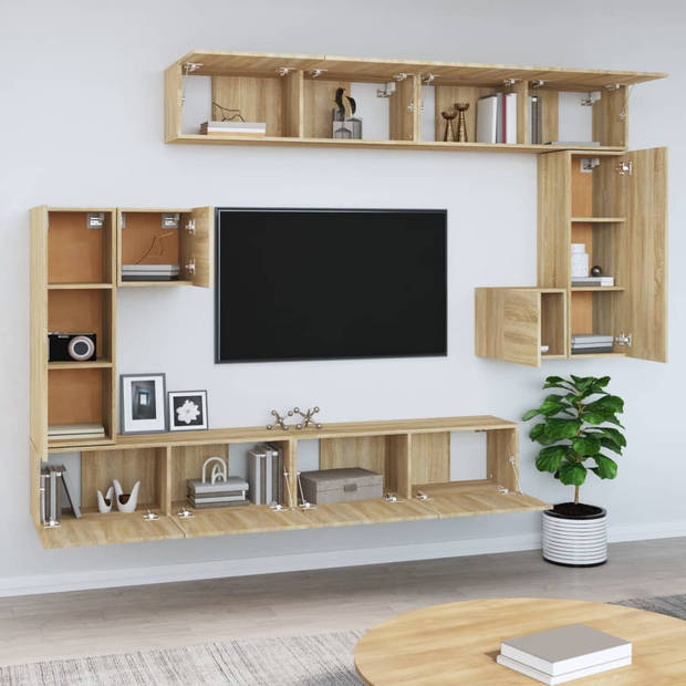 The Living Store TV meubel Sonoma eiken - Set van 2 (S) - 2 (M) en 4 (L) - Bewerkt hout - Afmetingen- 30.5 x 30 x 30