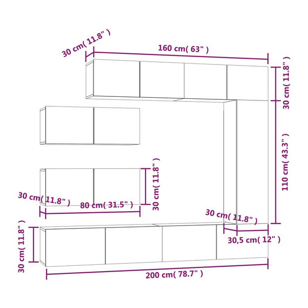 The Living Store TV-meubelset Sonoma Eiken - Klassiek design - Wandmontage - 7-delige set