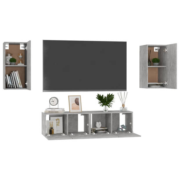 The Living Store TV-meubel Betongrijs - Stereokast - Muurbevestiging - 2x 60cm + 2x 30cm - Spaanplaat - Eenvoudig