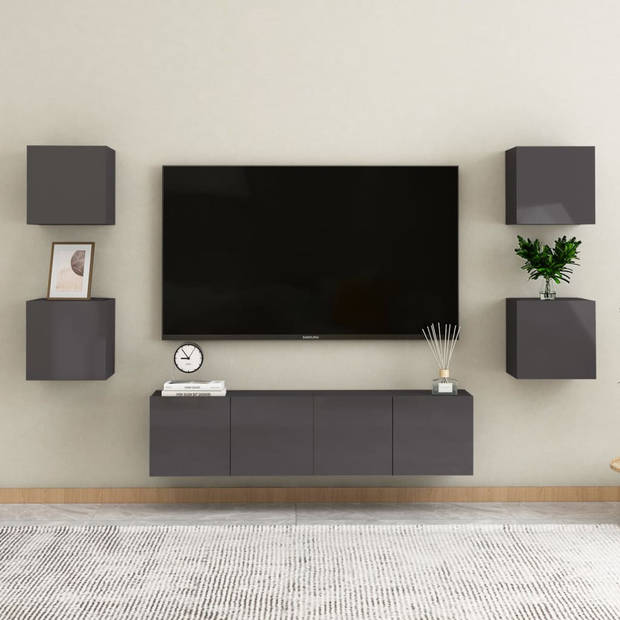 The Living Store Televisiekastenset - Hifi-kast - Hoogglans grijs - 30.5 x 30 x 30 cm - Deur links/rechts - Materiaal-