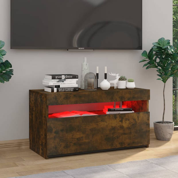 The Living Store TV-meubel - LED-verlichting - Moderne stijl - Gerookt eiken - 75x35x40 cm - Ruime opbergruimte -