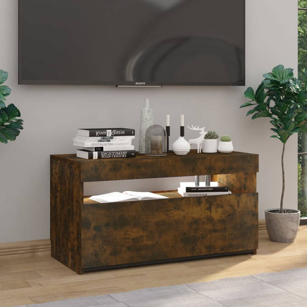 The Living Store TV-meubel - LED-verlichting - Moderne stijl - Gerookt eiken - 75x35x40 cm - Ruime opbergruimte -