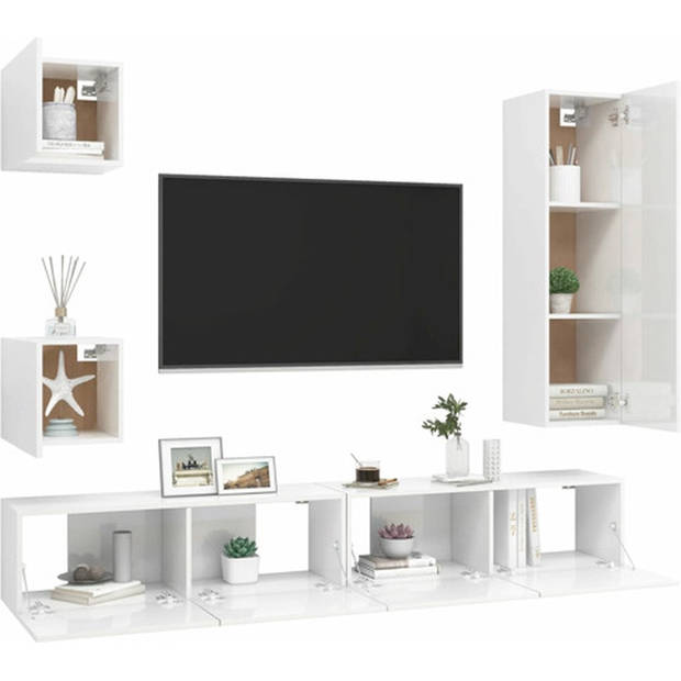 The Living Store tv-meubelset Grote - Hoogglans wit - Spaanplaat - Montage vereist - B-30.5 x D-30 x H-110cm - 2x B-100