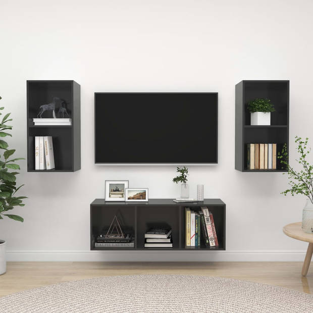 The Living Store Televisiewandmeubel - Tv-meubelset - Hoogglans grijs - 2x tv-meubel- 37x37x72 cm - 1x tv-meubel-