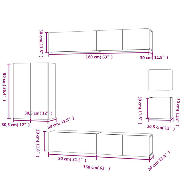 The Living Store Televisiekastenset - Klassiek design - 4x 80x30x30cm - 2x 30.5x30x90cm - 2x 30.5x30x30cm - Zwart -