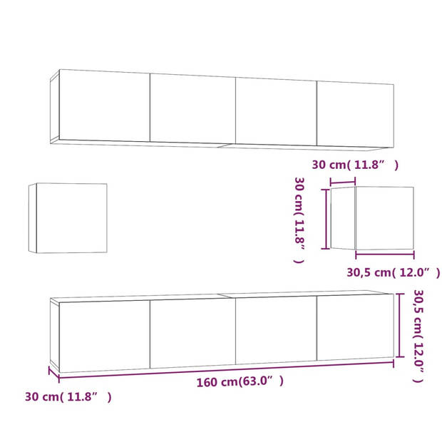 The Living Store TV-meubel set Bruineiken - 4x 80x30x30cm + 2x 30.5x30x30cm