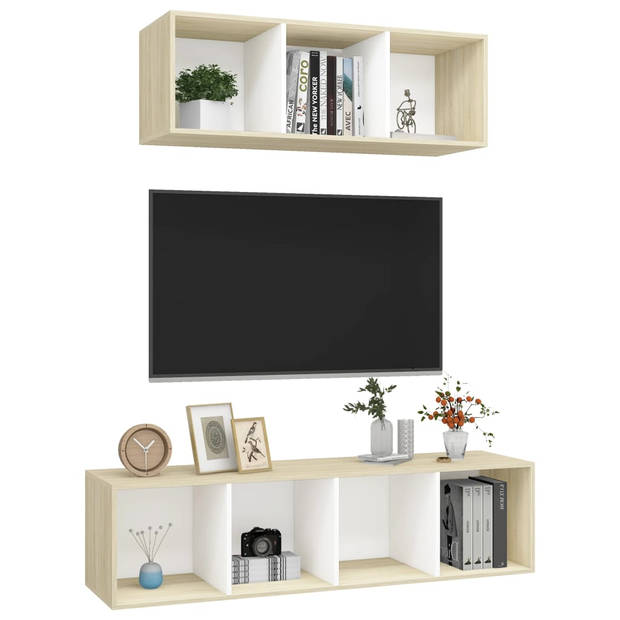 The Living Store Televisiewandmeubelset - N - v - t - TV-meubels - 37 x 37 x 107 cm - 37 x 37 x 142.5 cm - Kleur- wit