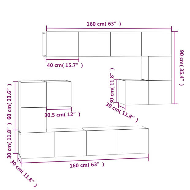 The Living Store Televisiewandmeubelen - Hoogglans wit - Set van 2x tv-meubel (S) - 2x tv-meubel (M) - 4x tv-meubel